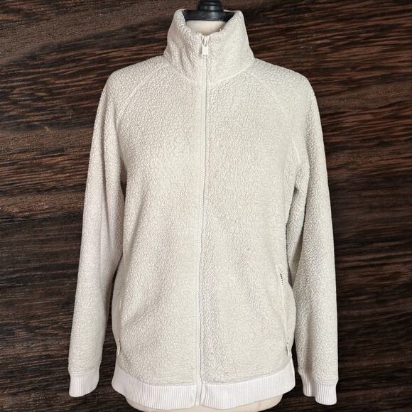 Athleta Tugga Sherpa Fleece Zip-Up Jacket Size M Tall Winter White Zip Pockets - Picture 2 of 12